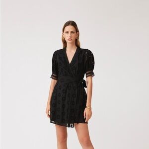 SUNCOO Elegant Black Eyelet Wrap Dress